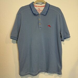 Tommy Bahama Polo Shirt Mens XL Short Sleeve Blue White Stripe Pima Cotton Blend